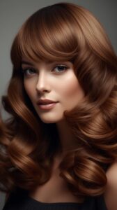 2. Long Defined Curls with Curtain Bangs