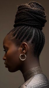 7. Fulani Braids with Knotless High Bun