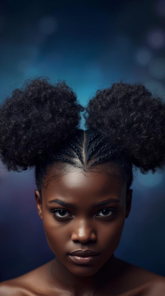 9. Curly Hair with Space Buns