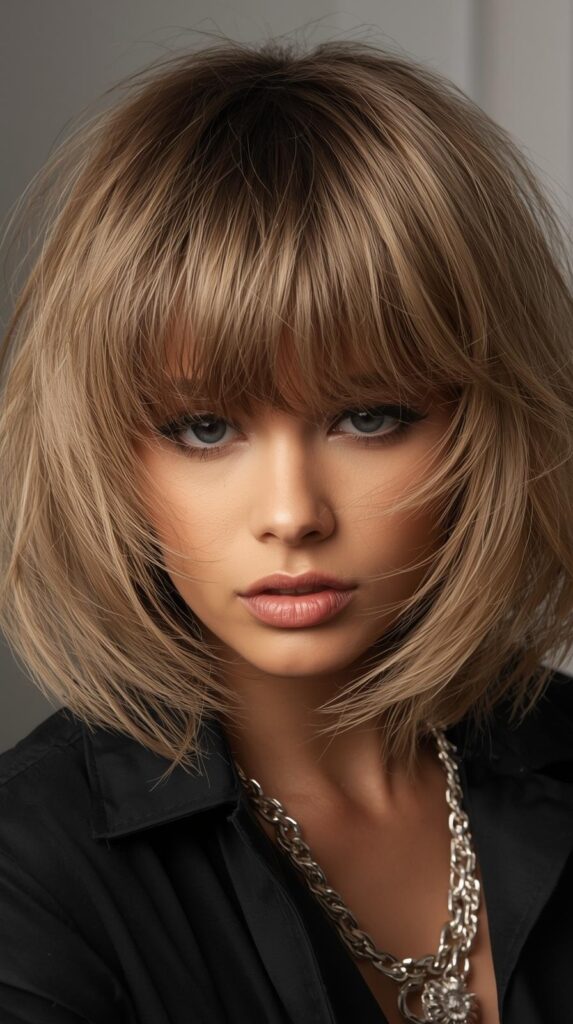 Tangled Glam: The Ultimate Feathered Shag with Flirty Fringe