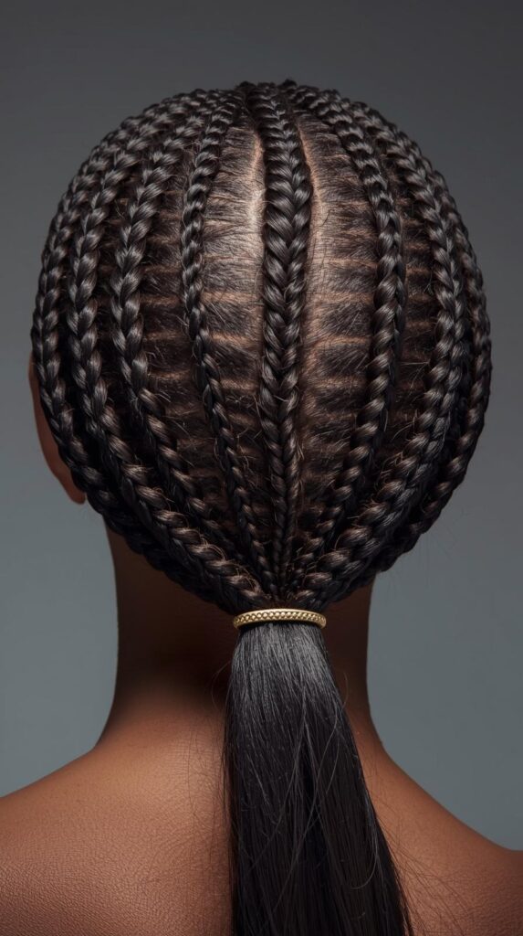 3. Feed-In Cornrows into a Low Ponytail