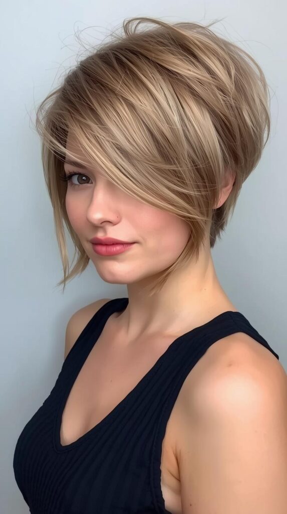 4. Soft Layered Asymmetrical Pixie with Long Bangs
