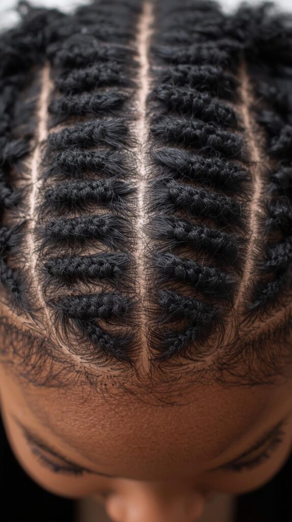 4. Zig-Zag Pattern Cornrows for Permed Texture