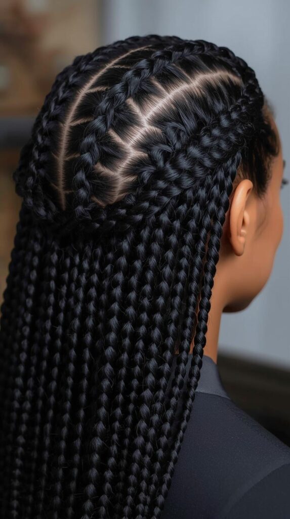 6. Half-Up Half-Down Cornrow Design on Permed Hair