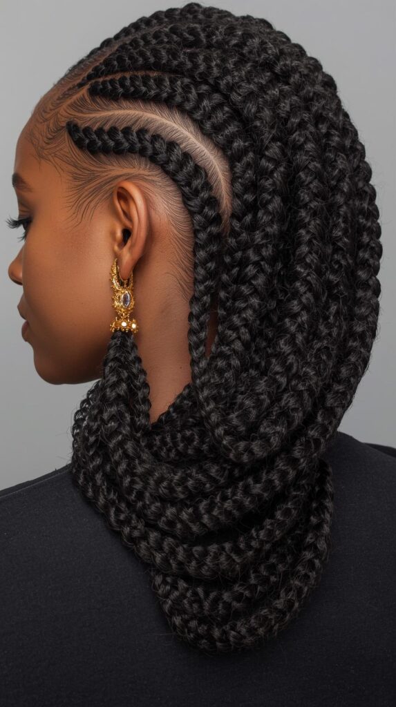 9. Curved or Swirl Cornrow Patterns for Permed Hair