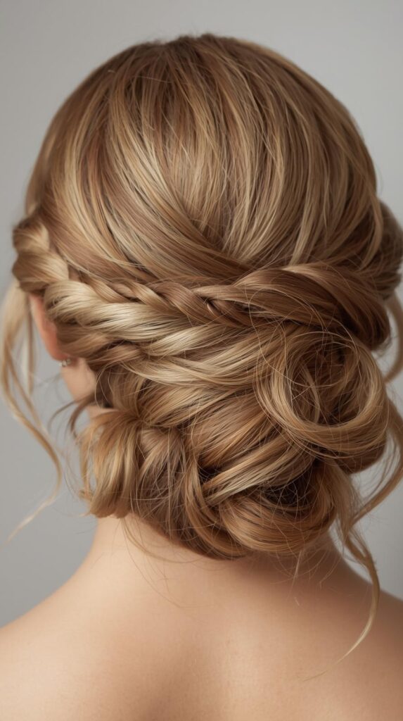 10. Elegant Twisted Braided Updo with Curls