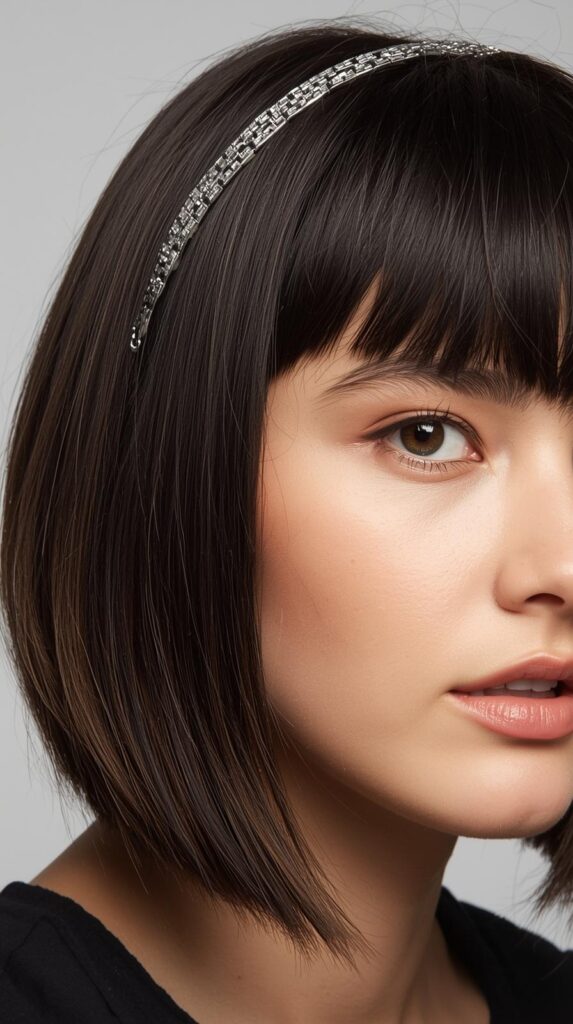 10. Straight Sleek Lob with Metallic Headband