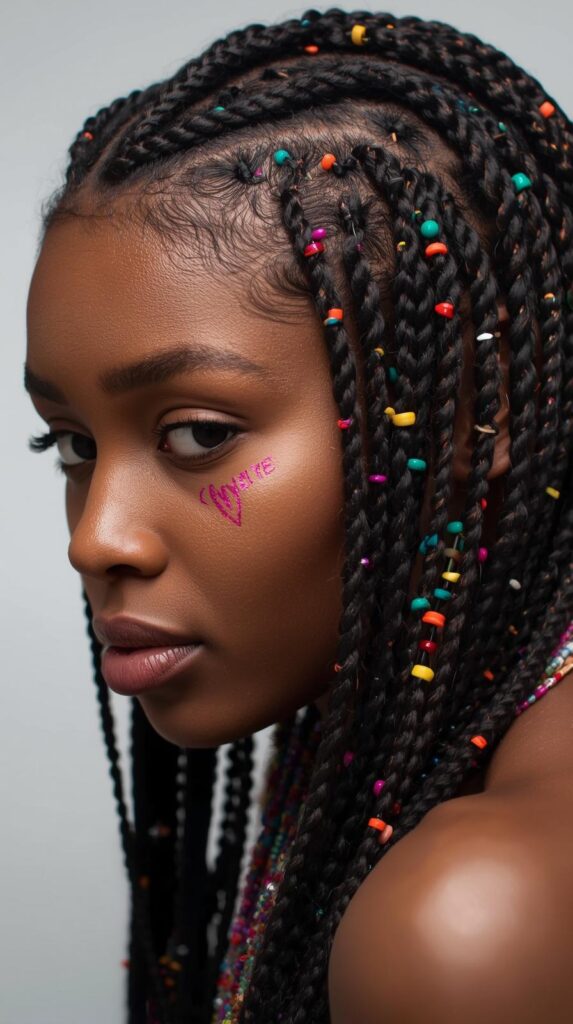 3. Half-Up Box Braids with Beaded Details