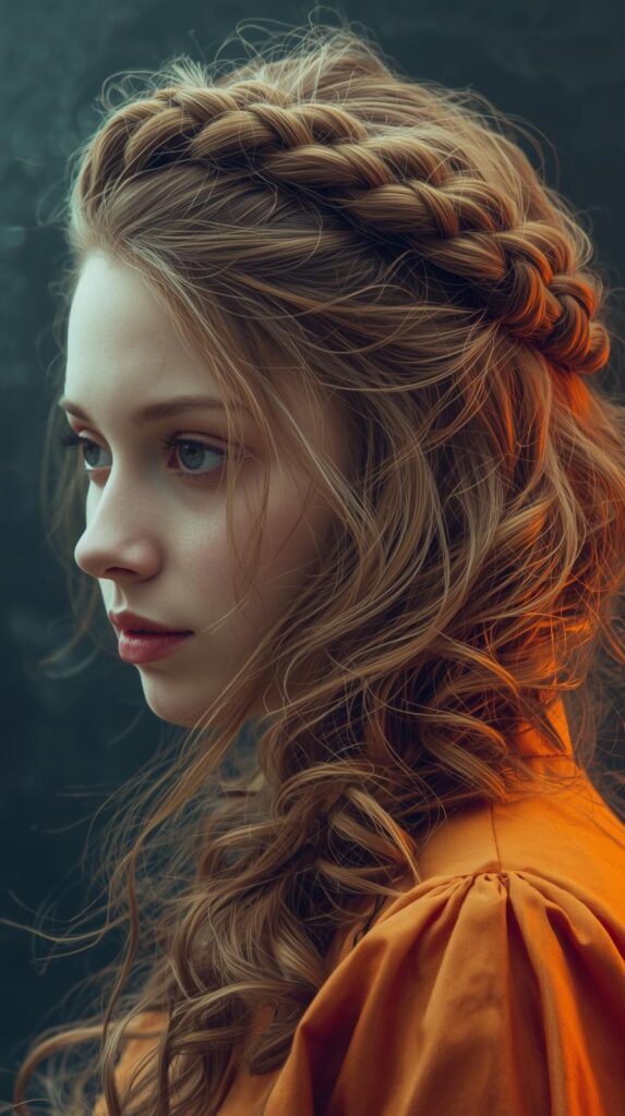 3. Half-Up Braided Crown with Loose Curls