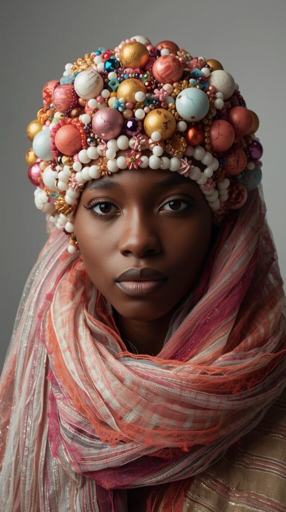6. Accessorized Puff with Beads and Scarves