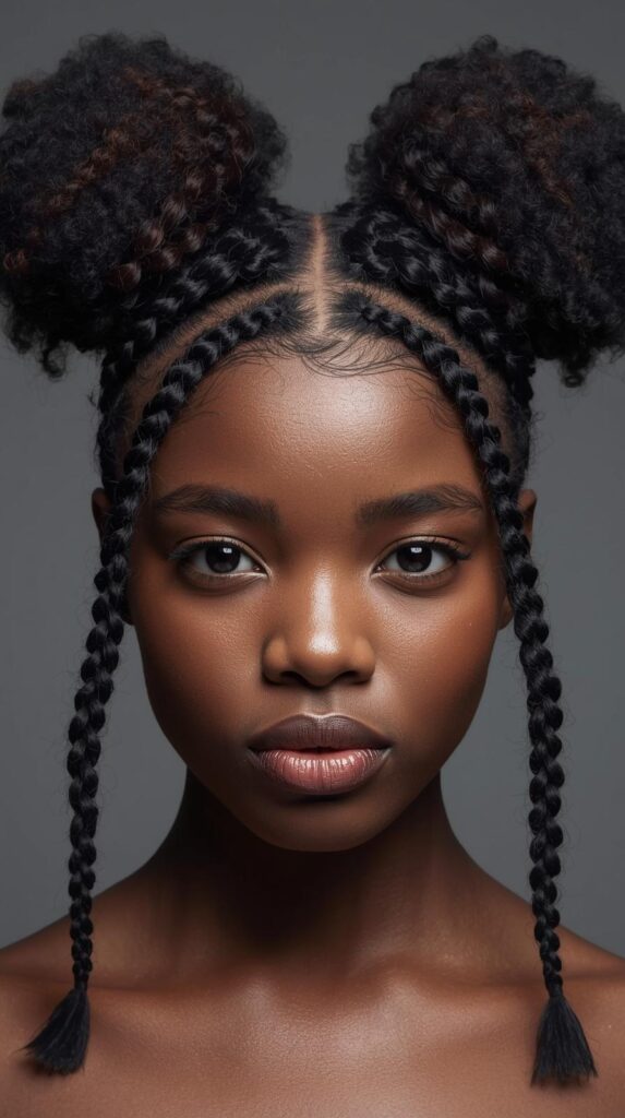 7. Double High Puffs with Side Braids