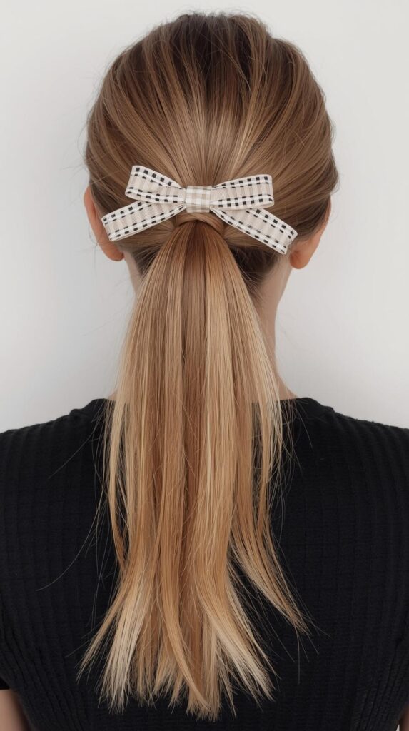 7. High Ponytail with Flipped Ends and Bow