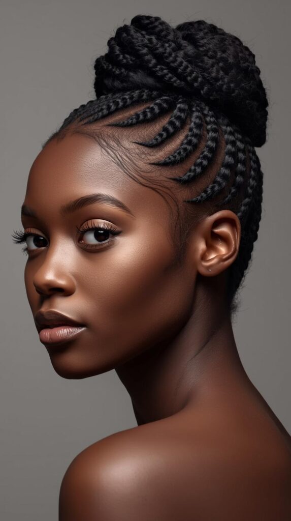 8. Chunky Feed-In Braids into a Protective Updo