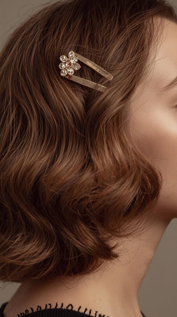 8. Retro Side-Sweep Waves with Hair Clip