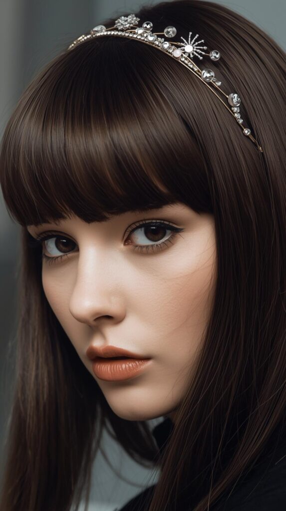 8. Sleek Straight Hair with Blunt Bangs & Accessories