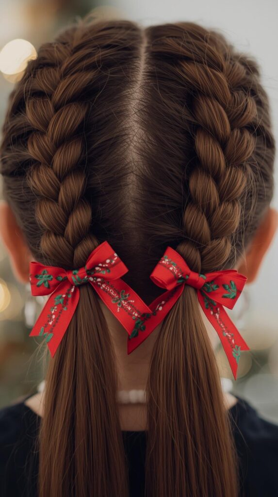 1. Pigtail Braids with Holiday Bows