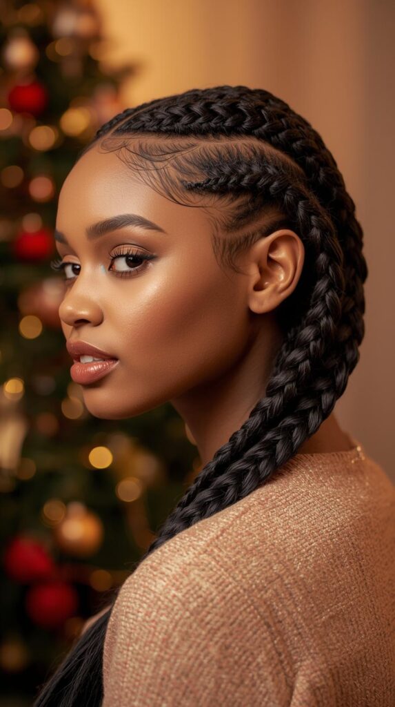 10. Side-Swept Christmas Cornrows for a Soft Holiday Look