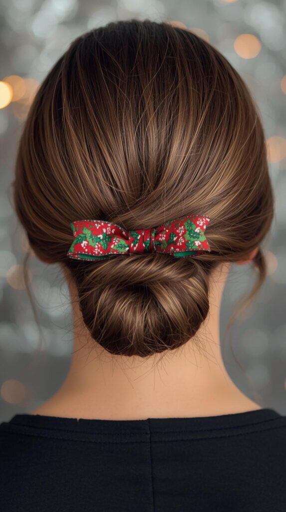 11. Sleek Middle-Part Bun with Christmas Ribbon