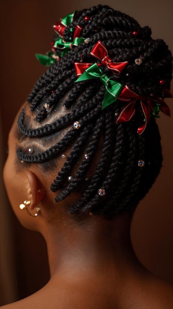 13. Cornrow Updo with Christmas Ribbon Detail