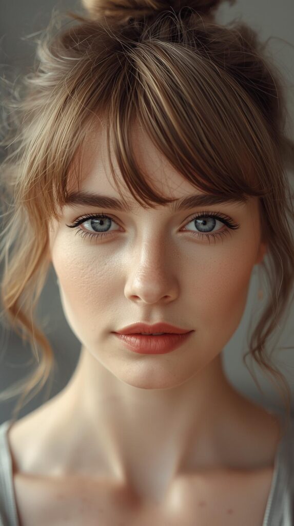 13. Messy Bun with Soft Bangs