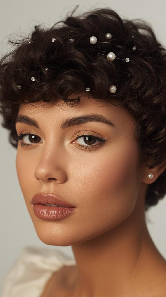 14. Short Curly Hair With Pearl or Rhinestone Pins