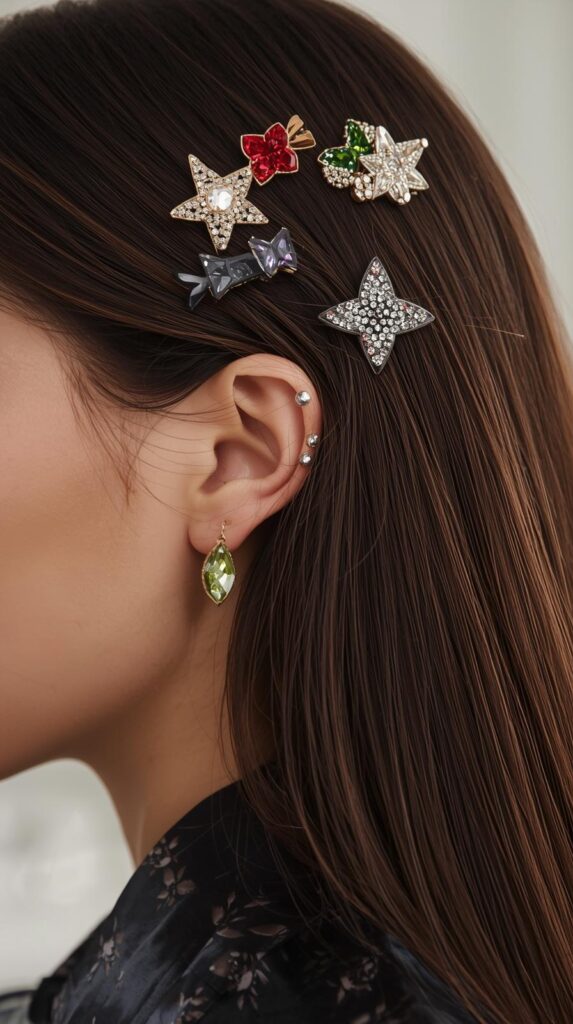 14. Straight Hair with Festive Hair Clips