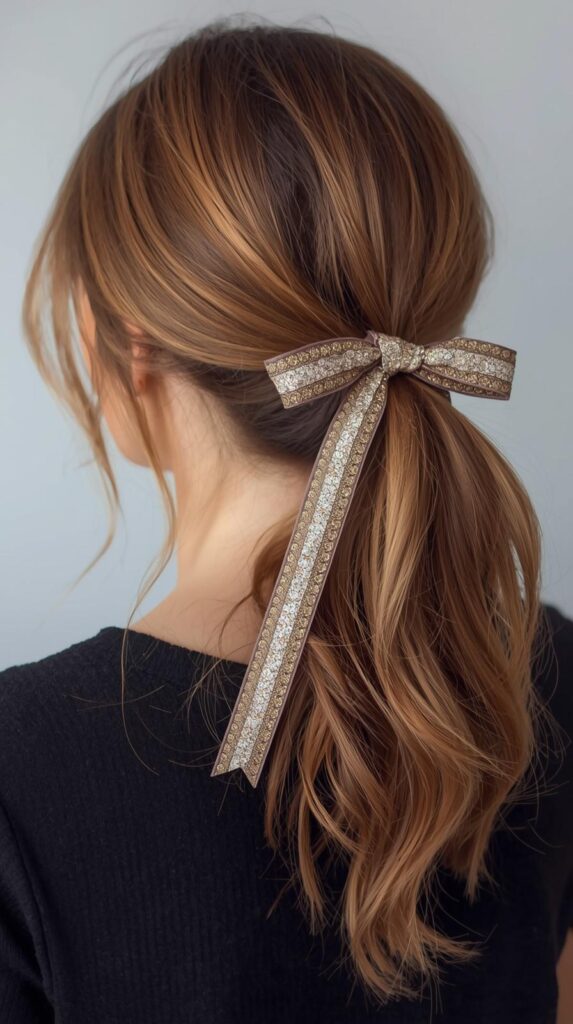 16. Loose Ponytail with Ribbon or Bow