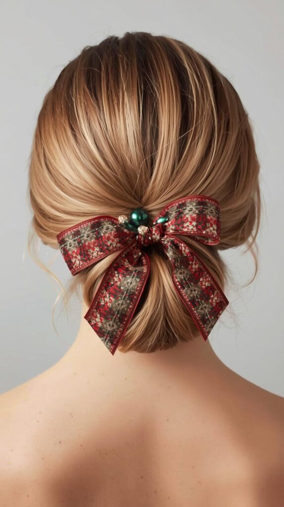 2. Classic Low Bun with Holiday Ribbon Accent