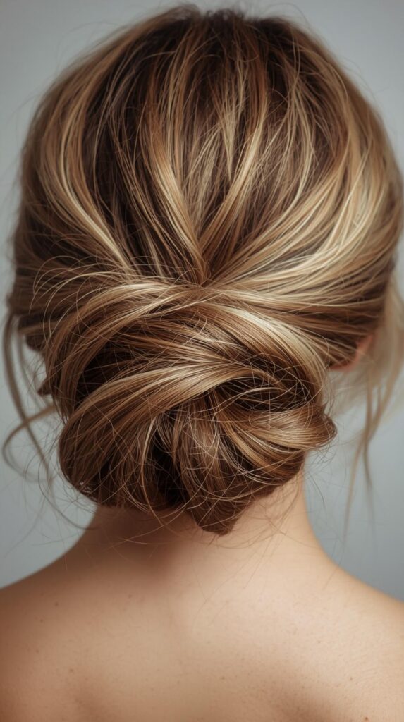2. Low Messy Bun with Face-Framing Strands