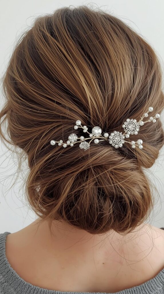2. Low Textured Bun With Sparkly Pins