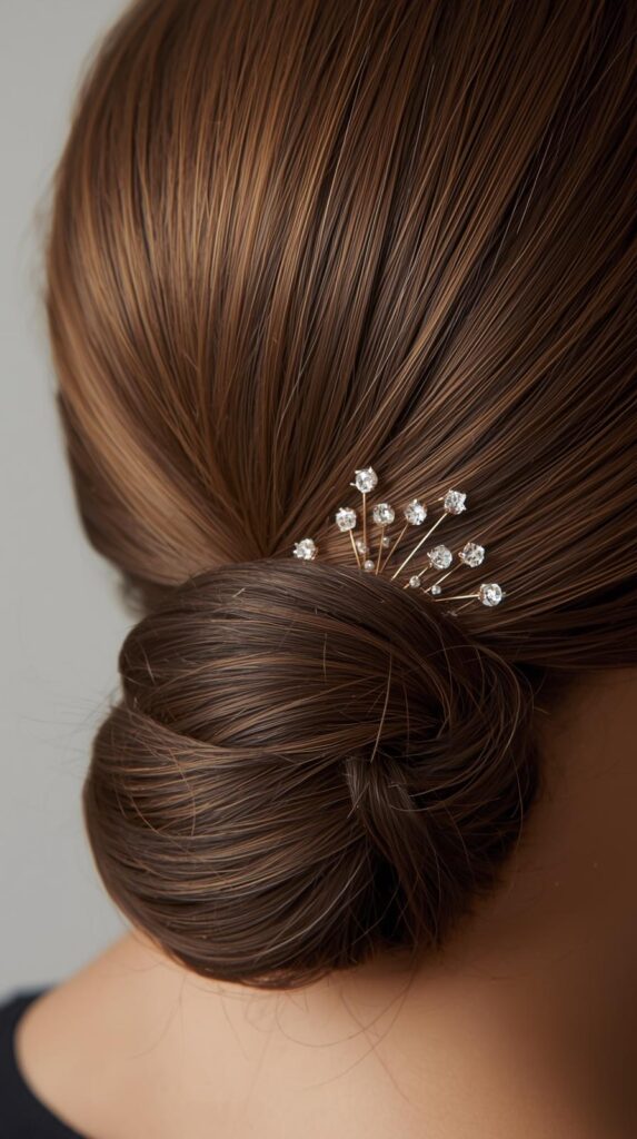 2. Sleek Low Bun with Sparkly Pins