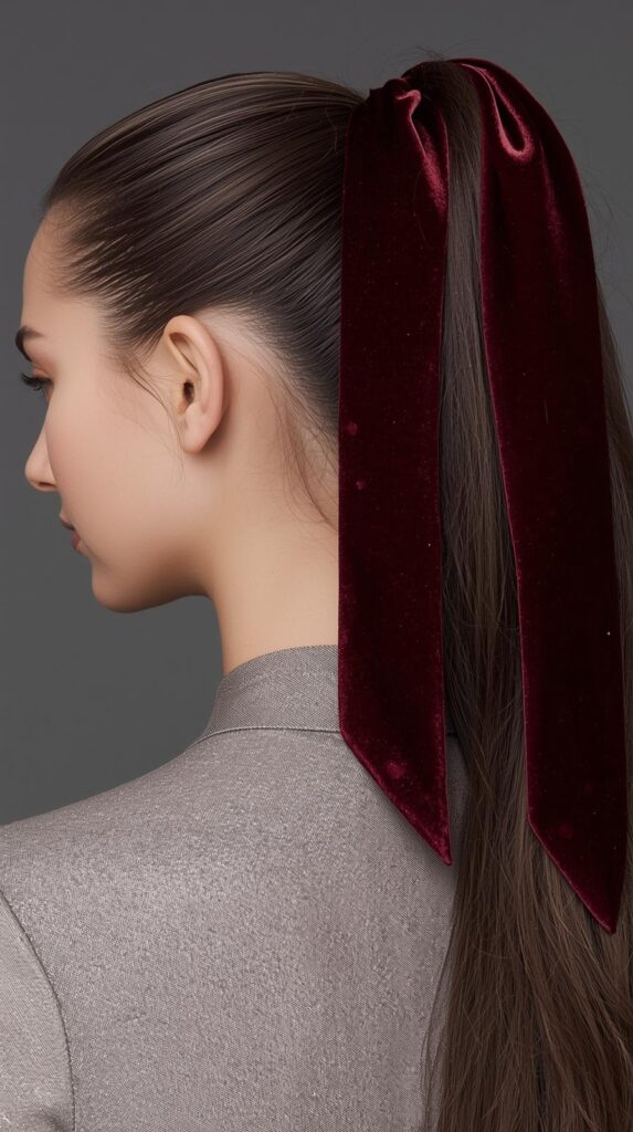 4. High Sleek Ponytail With Velvet Ribbon