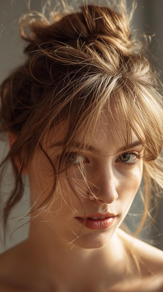5. Messy Top Knot with Face-Framing Strands