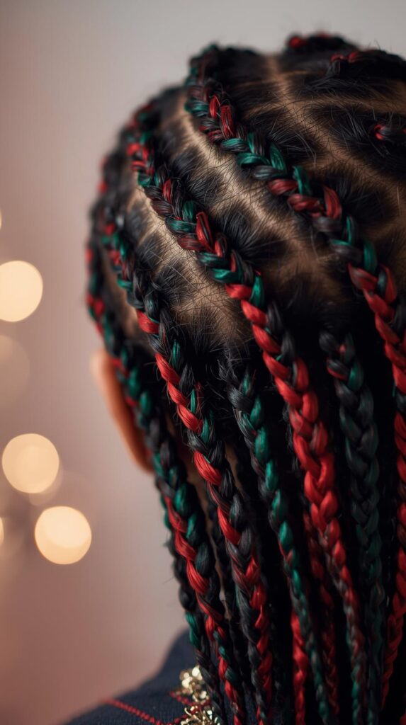 6. Red and Green Extension Christmas Cornrow Hairstyle