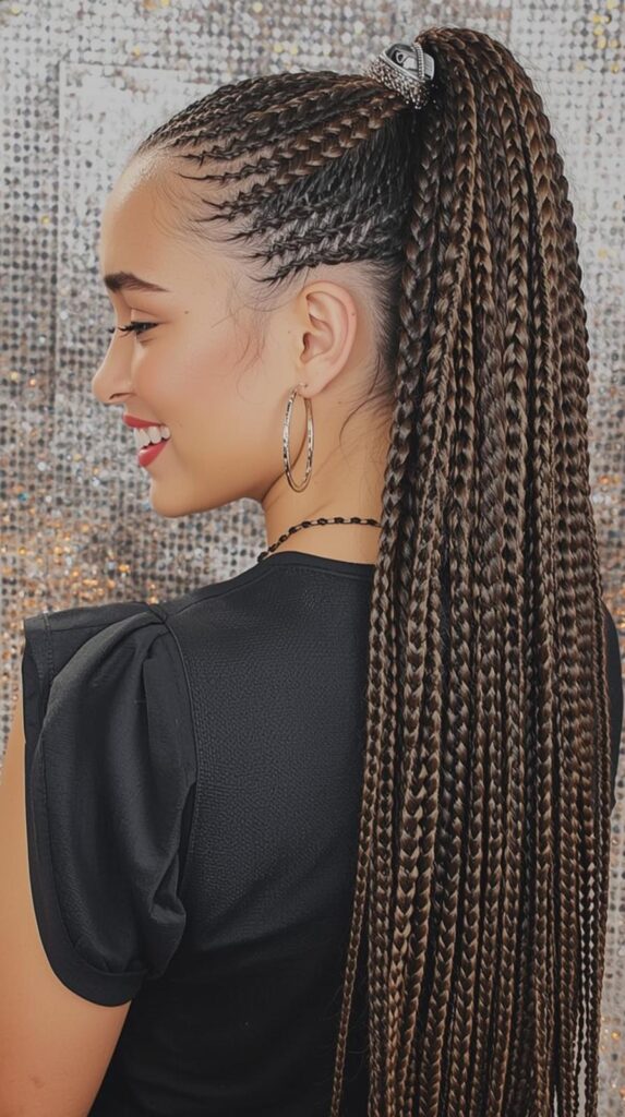 7. Half-Up Cornrow Ponytail for a Holiday Vibe