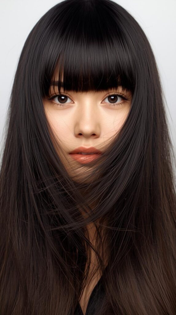 7. Long Straight Hair with Curtain Bangs