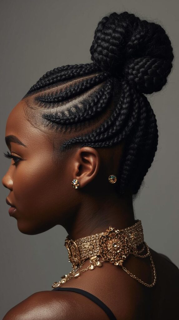 8. Cornrow Bun with Festive Gold Cuffs
