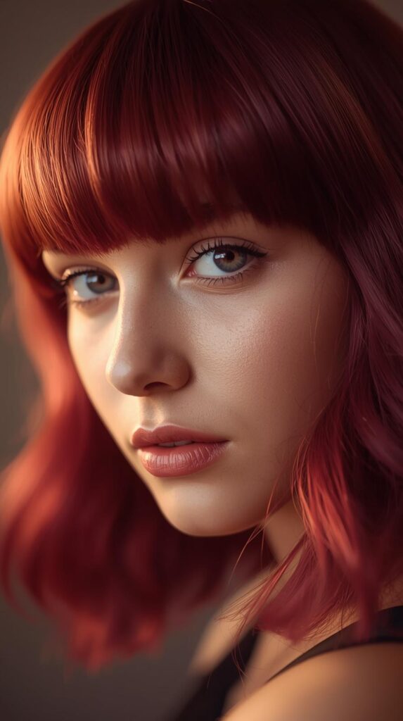 10. Cherry Cola Hair with Curtain Bangs