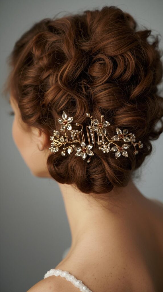 10. Curly Updo with Gold Hair Comb