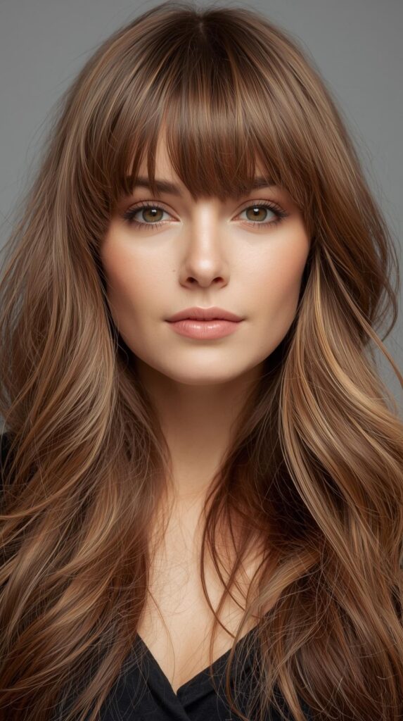 2. Long Layered Hair With Wispy Bangs