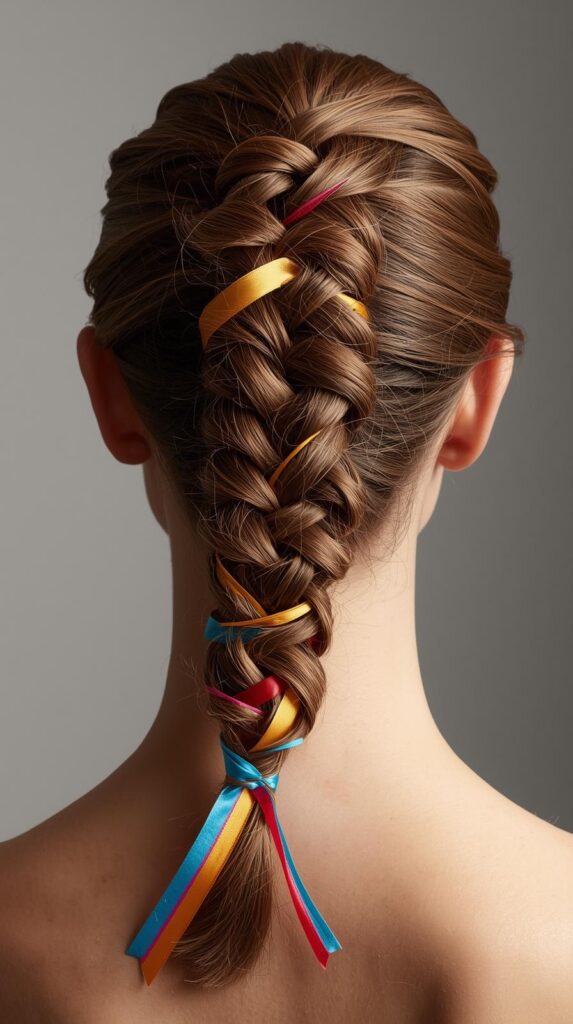 3. Braided Ponytail With Ribbon Weave