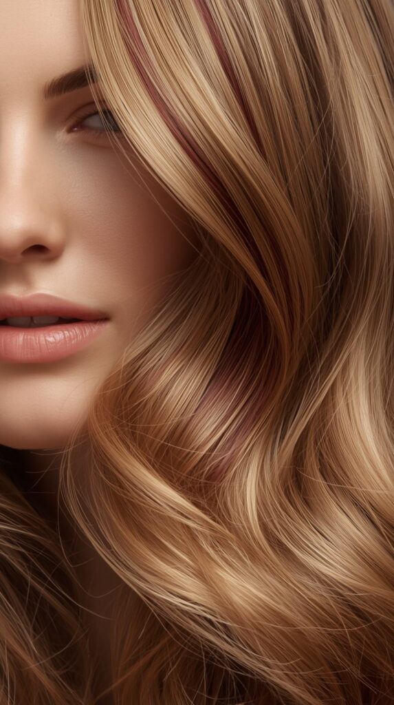 3. Burgundy Lowlights on Golden Blonde Hair