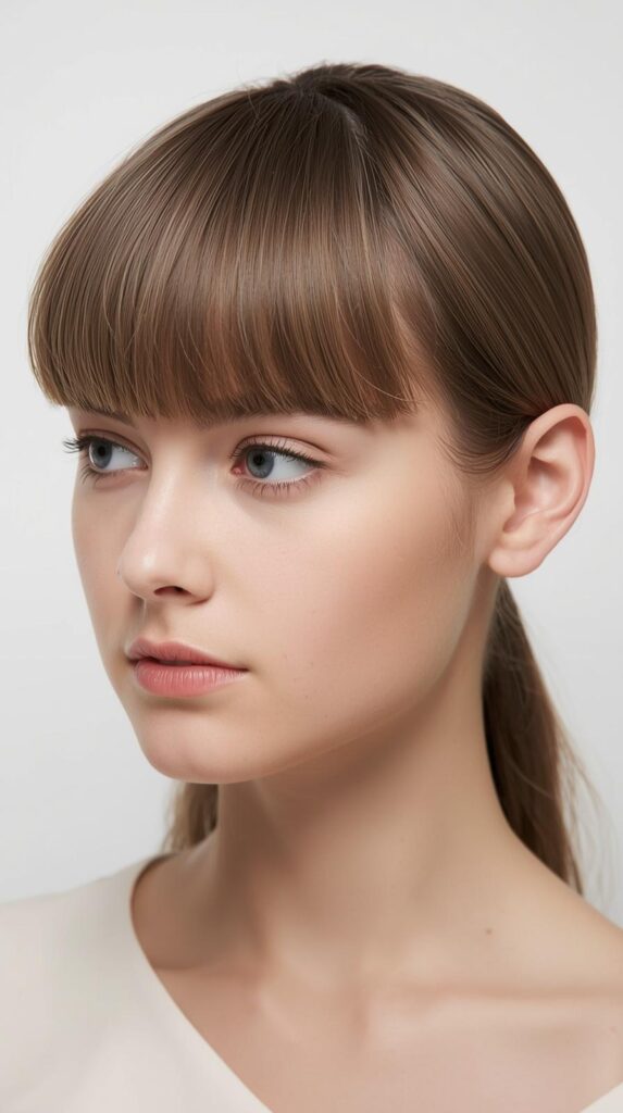 4. Sleek Low Ponytail With Front Bangs