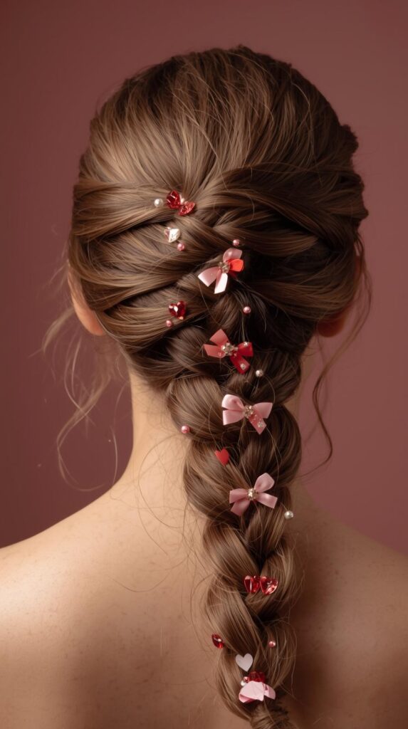6. Braided Ponytail with Valentine Accessories