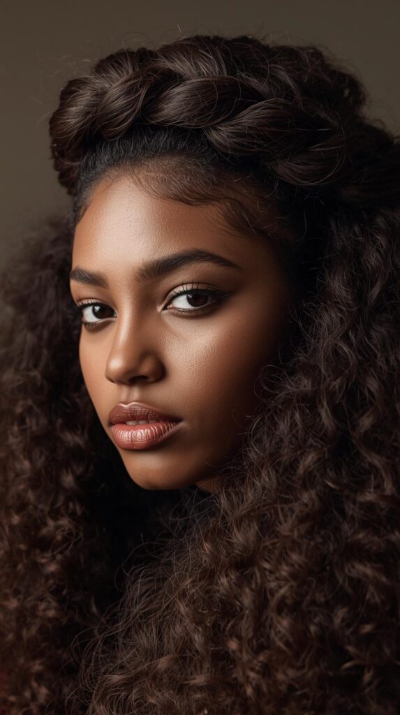 6. Curly Hair with Braided Crown
