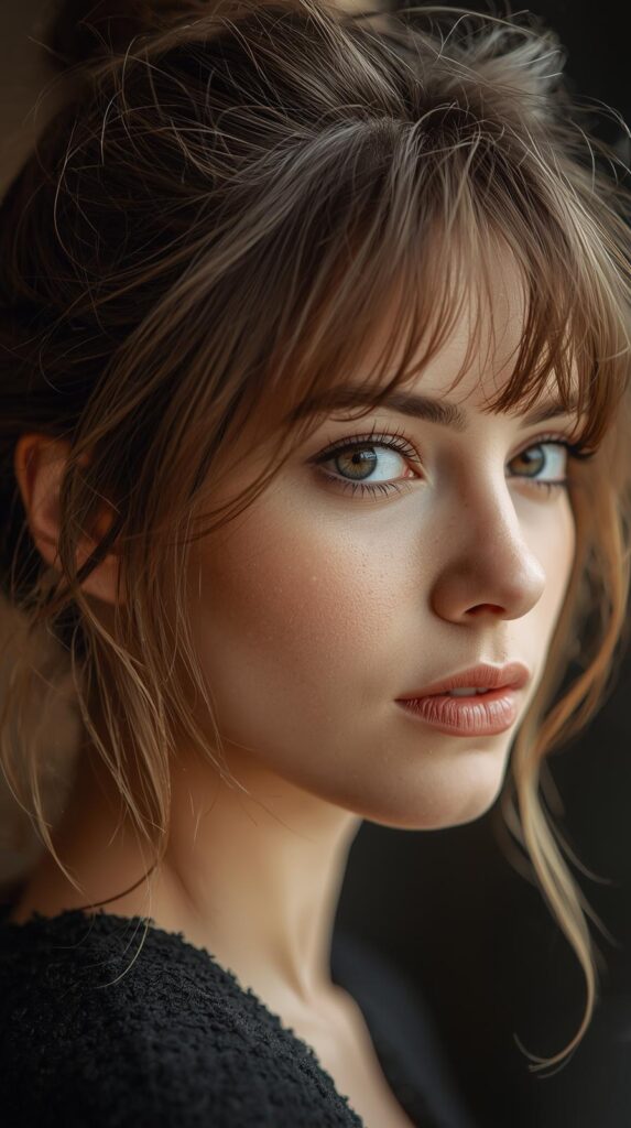 6. Messy Bun With Face-Framing Bangs