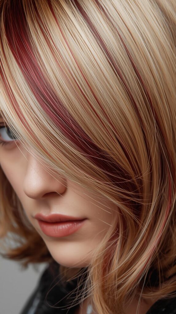 7. Face-Framing Burgundy Accents on Blonde