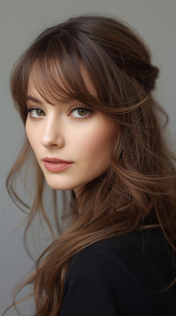 7. Half-Up Hairstyle With Soft Bangs