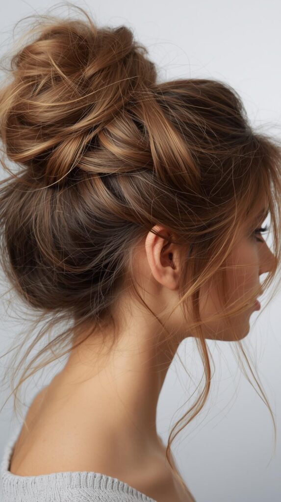 7. Messy Bun with Face-Framing Pieces