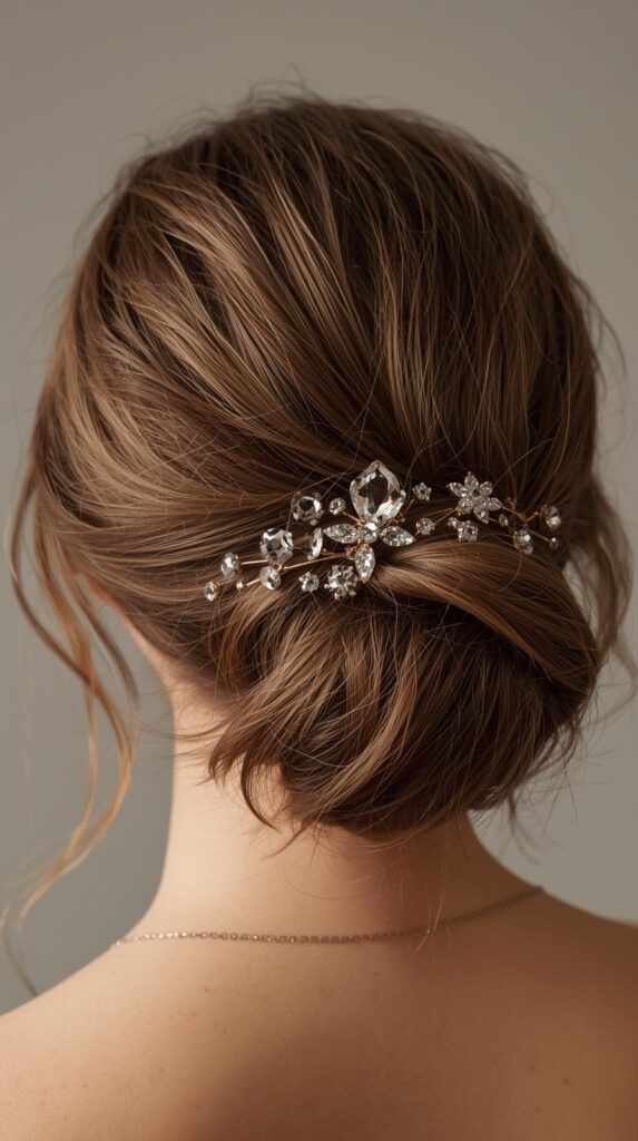 7. Messy Bun with Rhinestone Pins